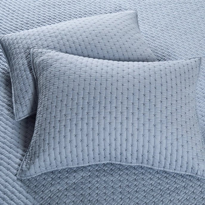 Beautiful Cross Stitch 100% Cotton Quilt Set - Chambray Blue - Quahog Bay Bedding