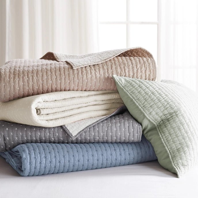 Beautiful Cross Stitch 100% Cotton Quilt Set - Chambray Blue - Quahog Bay Bedding