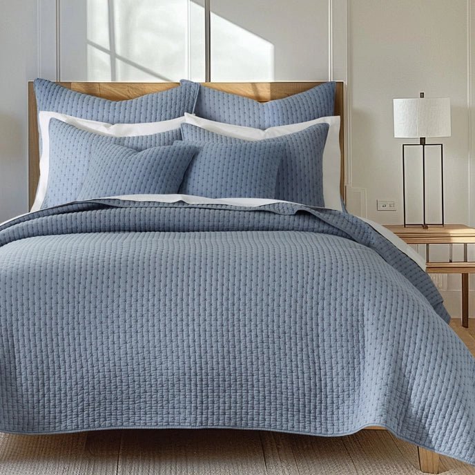 Beautiful Cross Stitch 100% Cotton Quilt Set - Chambray Blue - Quahog Bay Bedding