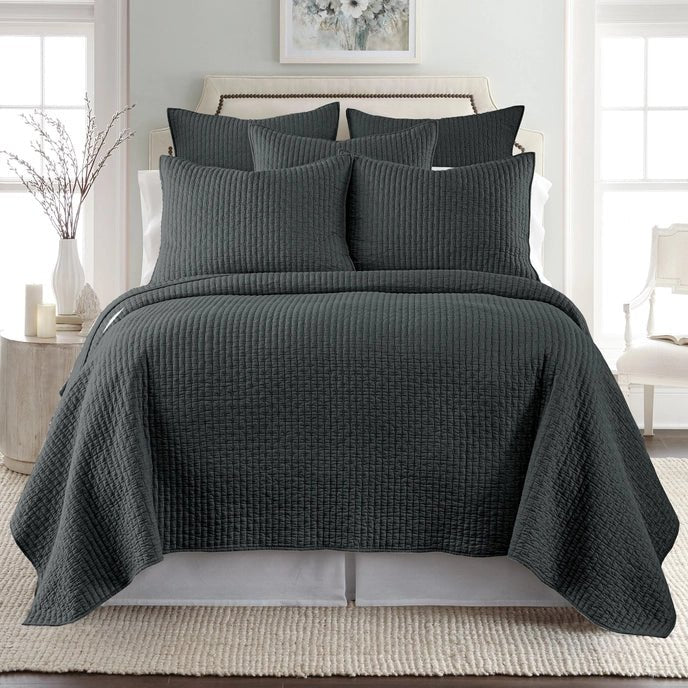 Beautiful Cross Stitch 100% Cotton Quilt Set - Charcoal - Quahog Bay Bedding