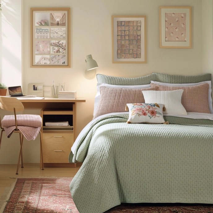 Beautiful Cross Stitch 100% Cotton Quilt Set - Sage - Quahog Bay Bedding