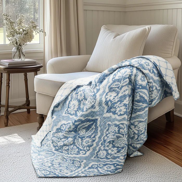 Becker Coastal Blue Quilted Throw Blanket - Coastal Throw Blanket - Quahog Bay Bedding