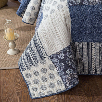 DaDa Bedding Bohemian Denim Blue Elegance Patchwork Cotton Bedspread Set (JHW-660) - DaDa Bedding Collection