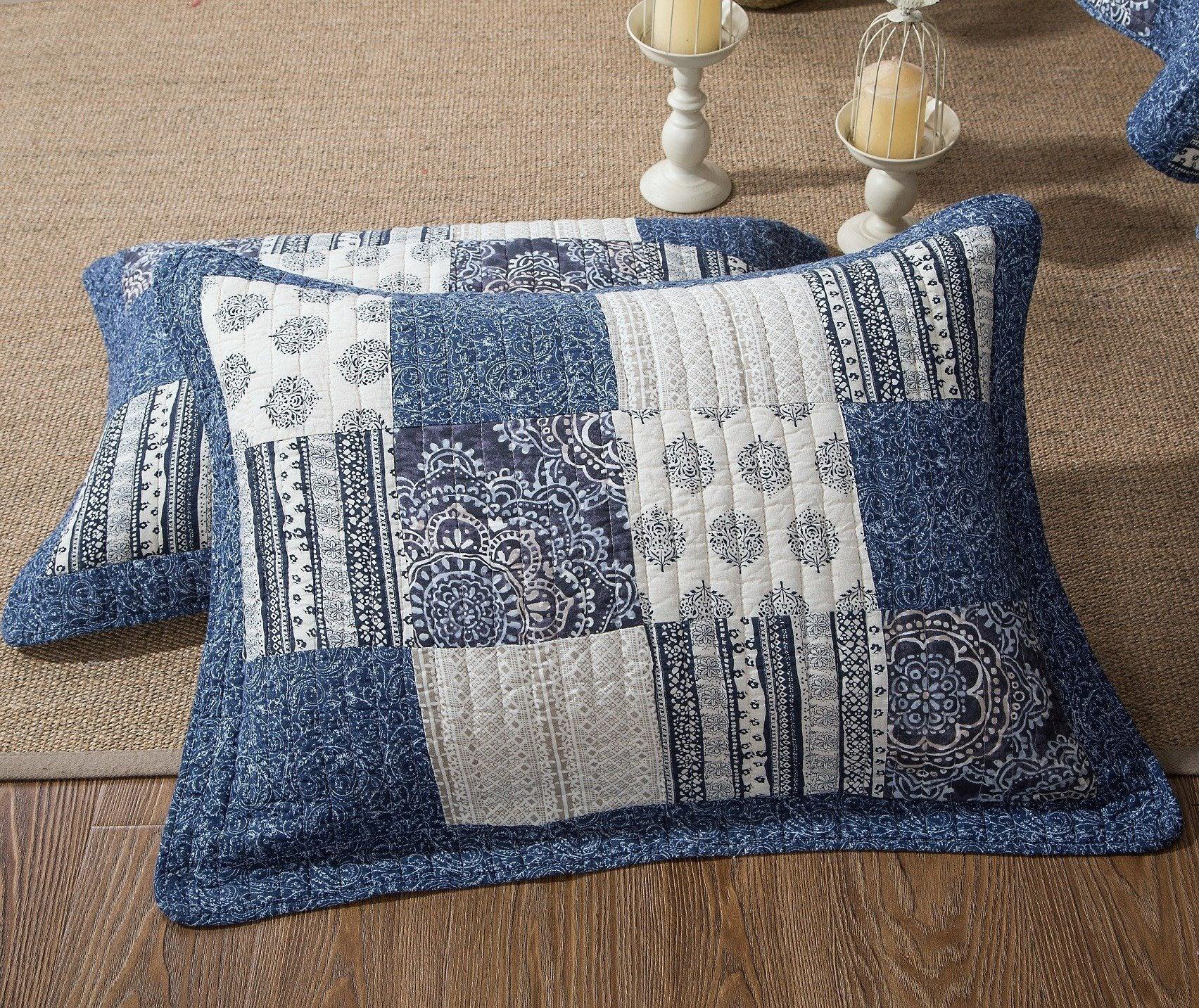 DaDa Bedding Bohemian Denim Blue Elegance Patchwork Cotton Bedspread Set (JHW-660) - DaDa Bedding Collection