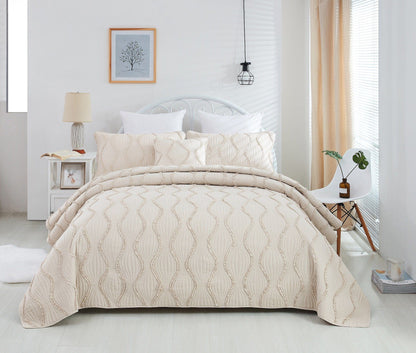 DaDa Bedding Soft Charming French Country Ruffles Quilted Cotton Bedspread Set - Ivory Cream Tan (JHW873) - DaDa Bedding Collection
