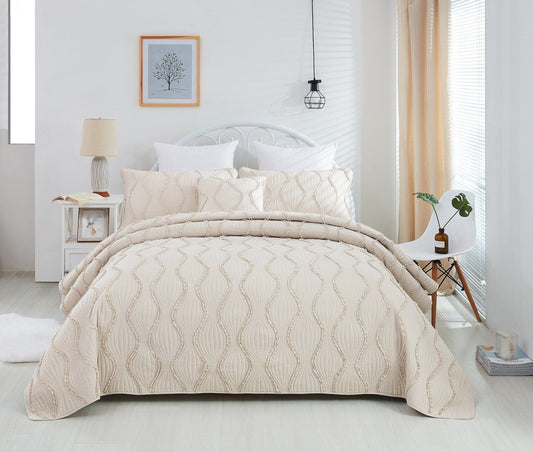 DaDa Bedding Soft Charming French Country Ruffles Quilted Cotton Bedspread Set - Ivory Cream Tan (JHW873) - DaDa Bedding Collection