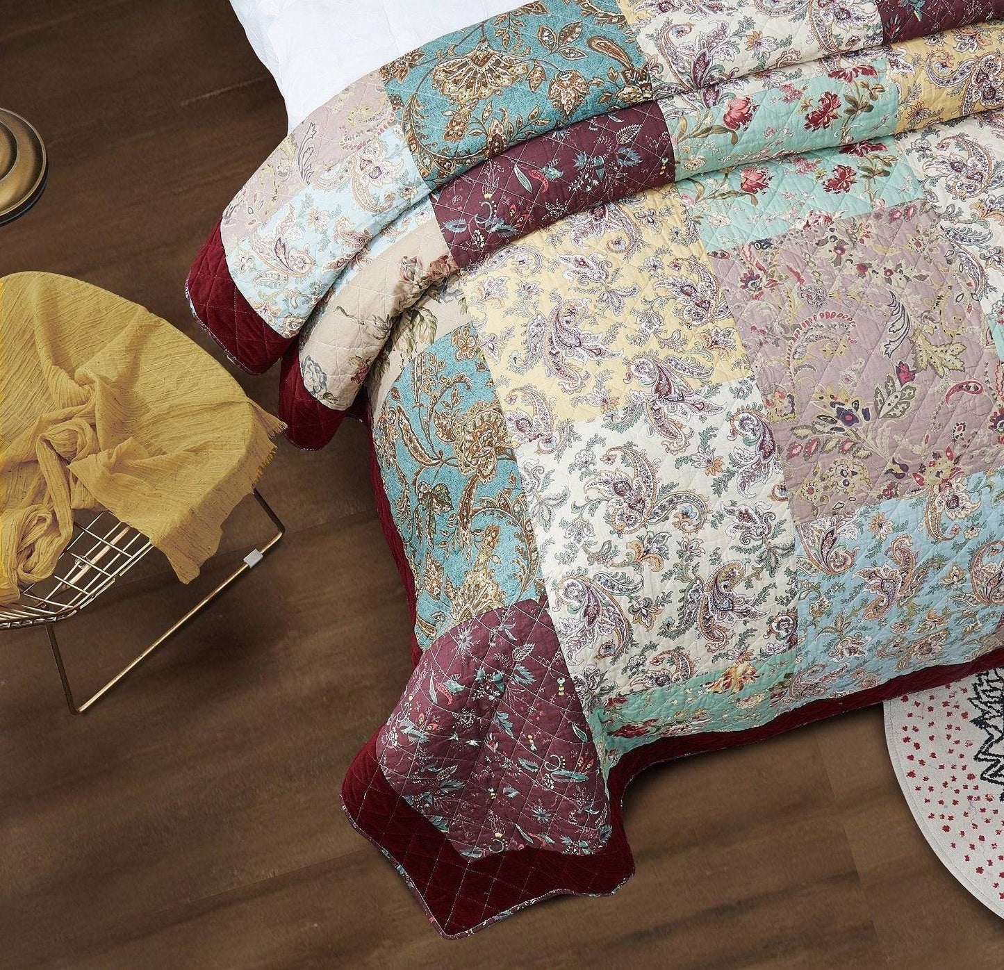 DaDa Bedding Bohemian Burgundy Red Velvet Trim Floral Paisley Patchwork Cotton Bedspread Set (JHW-868) - DaDa Bedding Collection