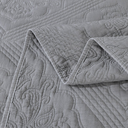 DaDa Bedding Floral Vintage Stone Wash Grey Matelassé Ash Silver Diamond Pattern Quilted Bedspread Set (JHW855) - DaDa Bedding Collection