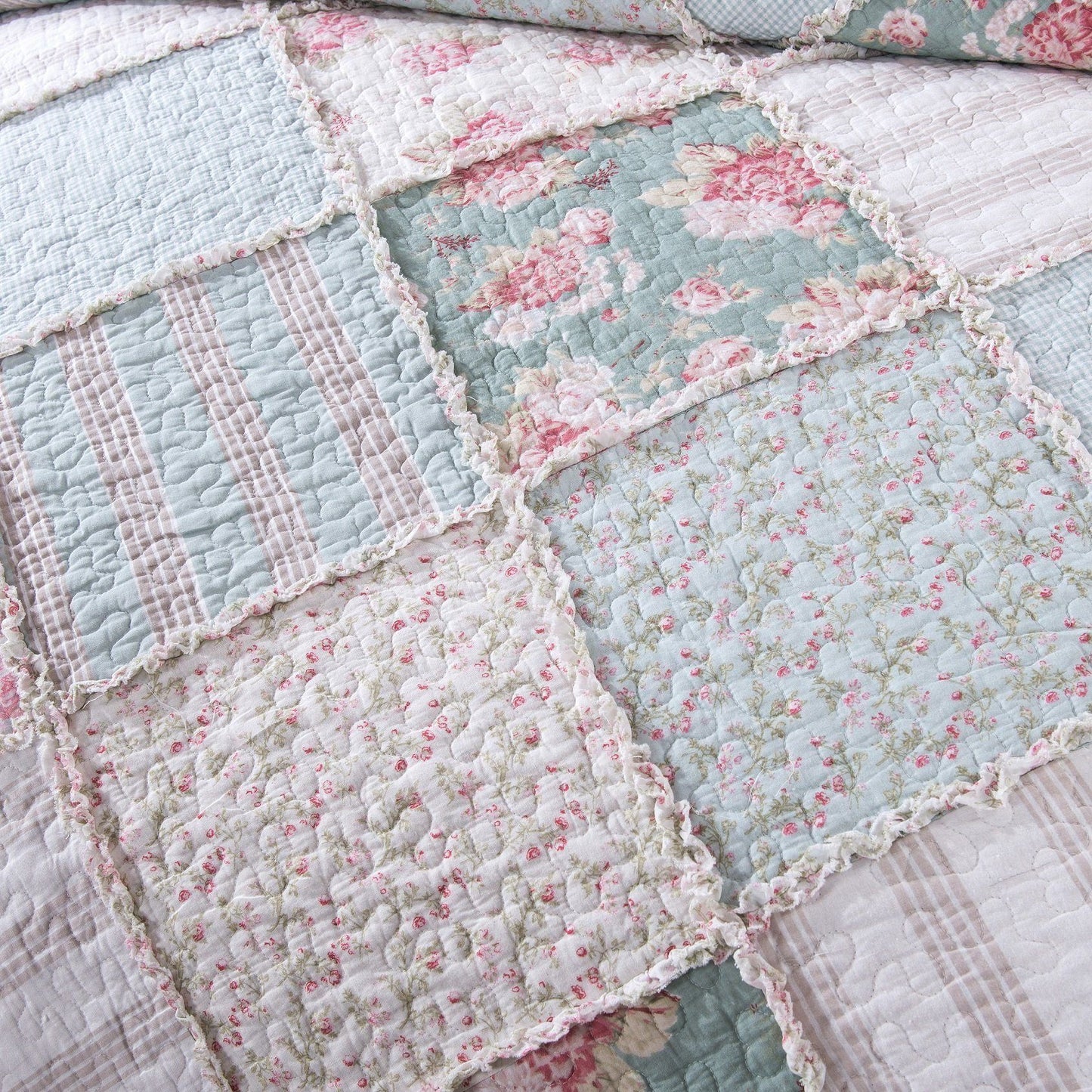 DaDa Bedding Hint of Mint Floral Pastel Cotton Patchwork Ruffle Bedspread Set (JHW-3036) - DaDa Bedding Collection