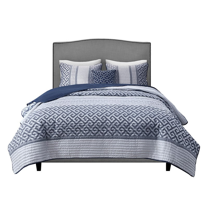 CLEARANCE Queen Bennett 4 Piece Jacquard Quilt Set with Throw Pillow Navy Blue