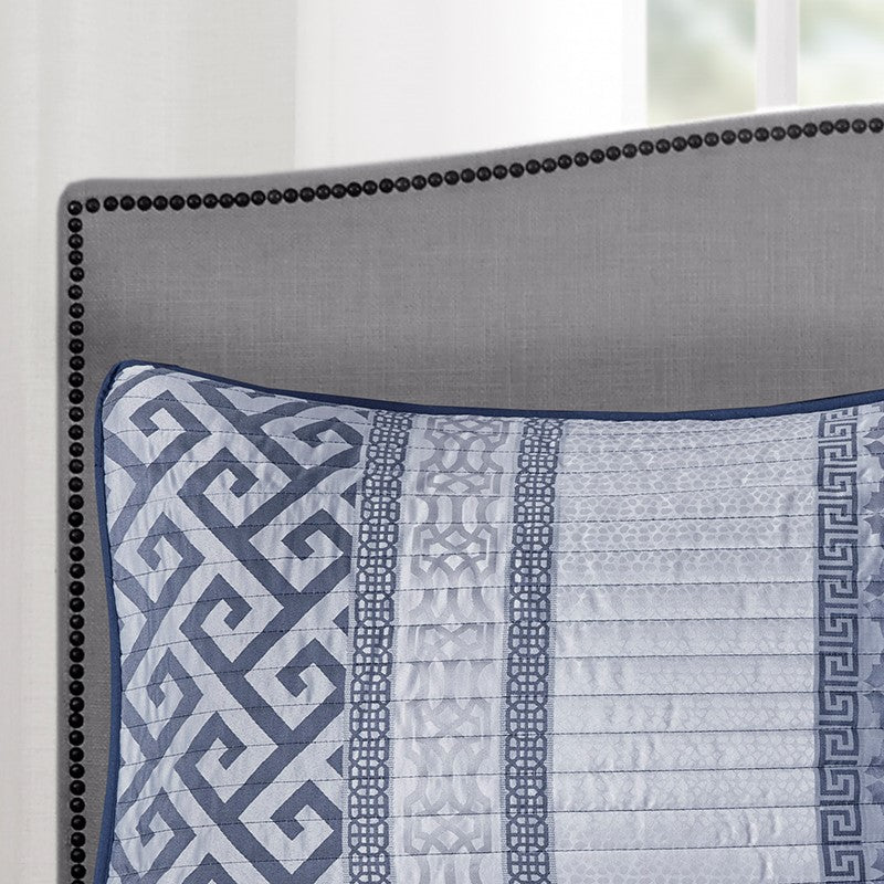 CLEARANCE Queen Bennett 4 Piece Jacquard Quilt Set with Throw Pillow Navy Blue