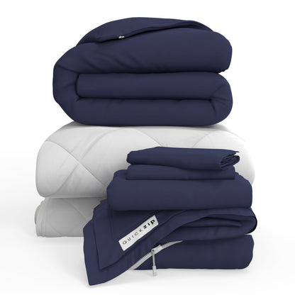QuickZip Fresh Bed Bundle - 400TC 100% Cotton Percale - Complete Set: Sheet, Duvet Cover, Pad & Comforter