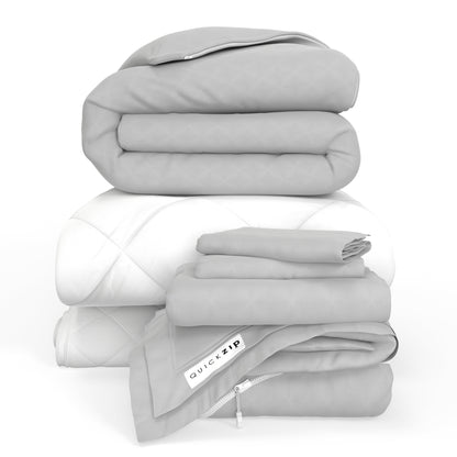 QuickZip Fresh Bed Bundle - 400TC 100% Cotton Percale - Complete Set: Sheet, Duvet Cover, Pad & Comforter