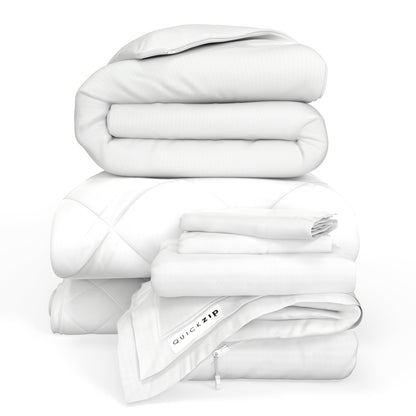 QuickZip Fresh Bed Bundle - 400TC 100% Cotton Percale - Complete Set: Sheet, Duvet Cover, Pad & Comforter
