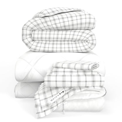 QuickZip Fresh Bed Bundle - Twilluxe Flannel, Soft Brushed Cotton - Complete Set: Sheet, Duvet Cover, Pad & Comforter