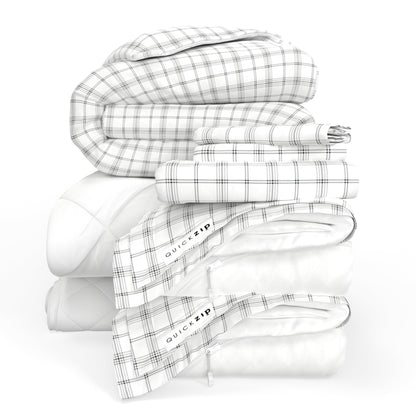 QuickZip Fresh Bed Bundle - Twilluxe Flannel, Soft Brushed Cotton - Complete Set: Sheet, Duvet Cover, Pad & Comforter