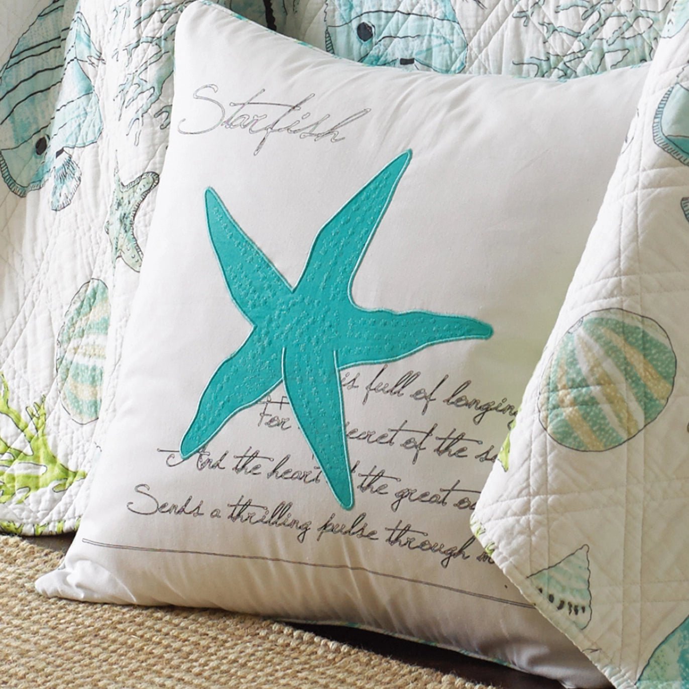 Biscayne Teal Starfish Pillow - Coastal Accent Pillow - Quahog Bay Bedding