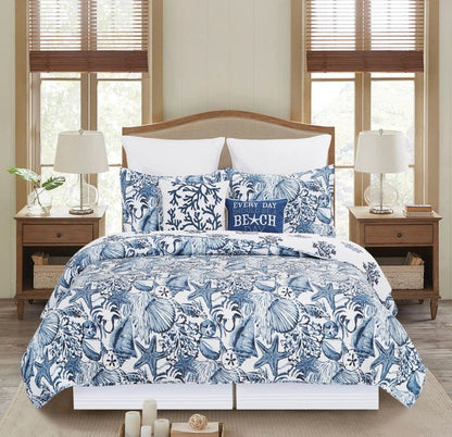 Blue Coast Shells Coastal Quilt Set- Coastal Quilt Set - Quahog Bay Bedding