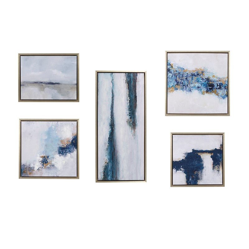 Blue Drift Abstract 5 - piece Gallery Framed Canvas - Coastal Wall Decor - Quahog Bay Bedding