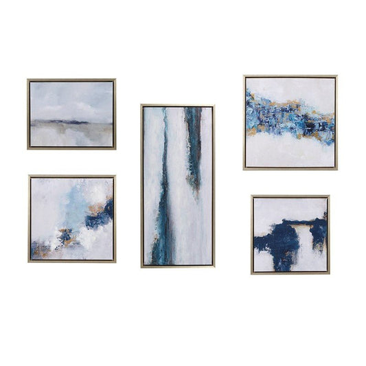 Blue Drift Abstract 5 - piece Gallery Framed Canvas - Coastal Wall Decor - Quahog Bay Bedding