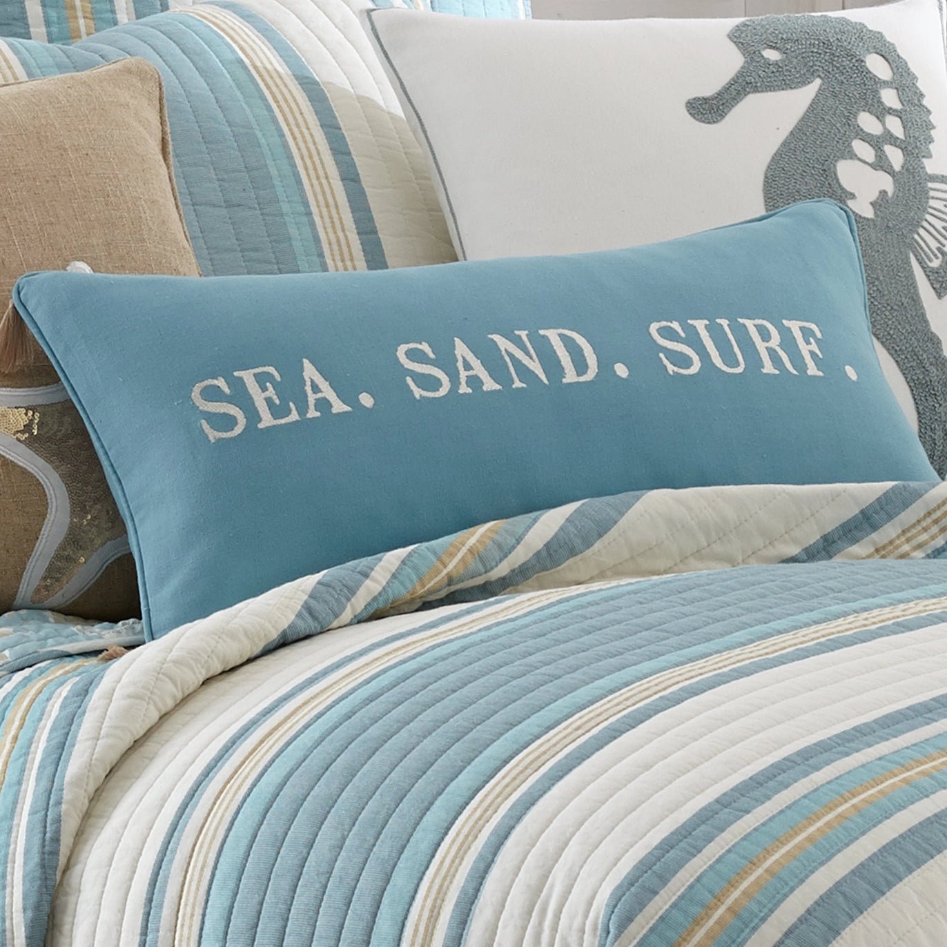 Blue Maui Embroidered Words/Tassels Pillow - Quahog Bay Bedding