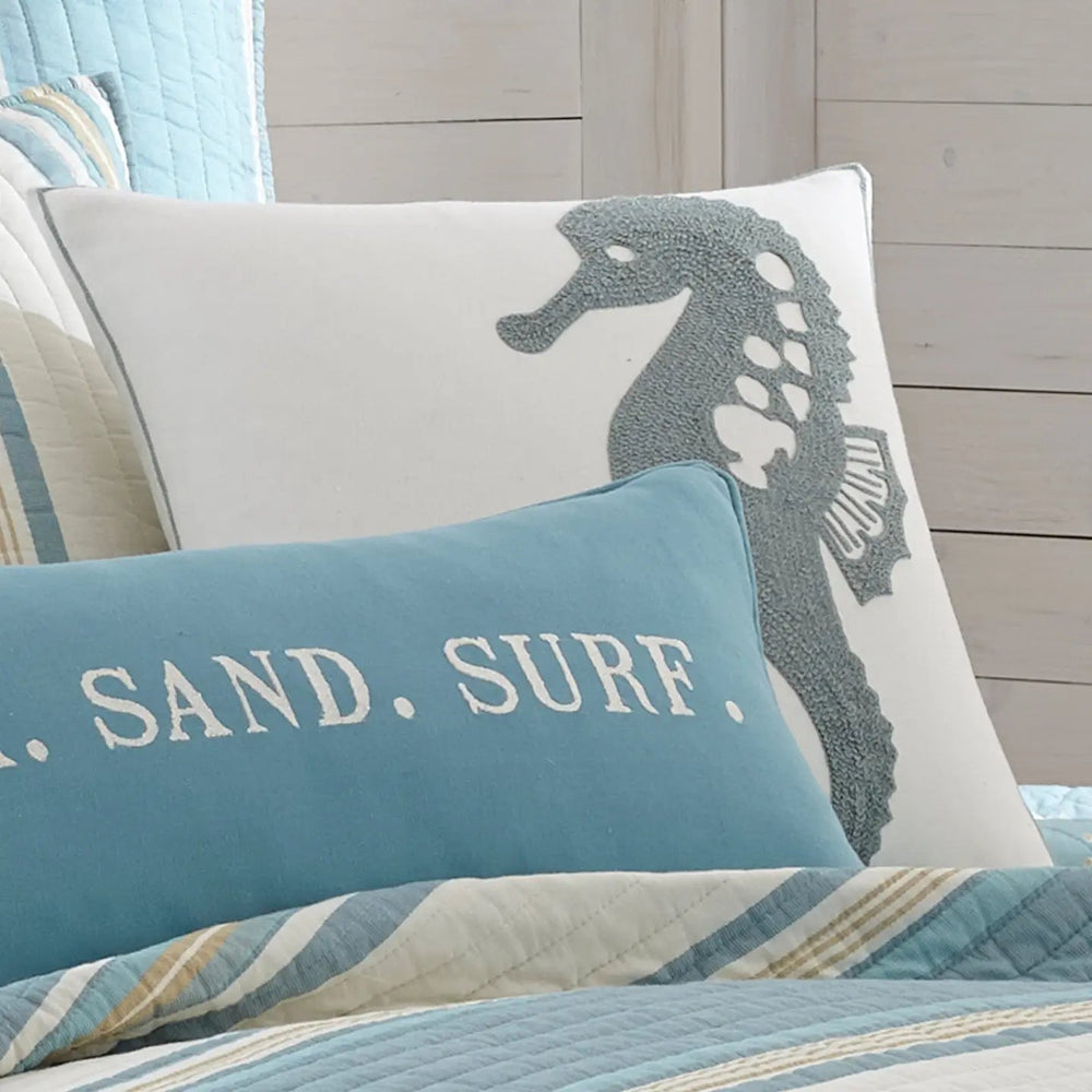 Blue Maui Seahorse Towel Stitch Pillow - Coastal Seahorse Pillow - Quahog Bay Bedding