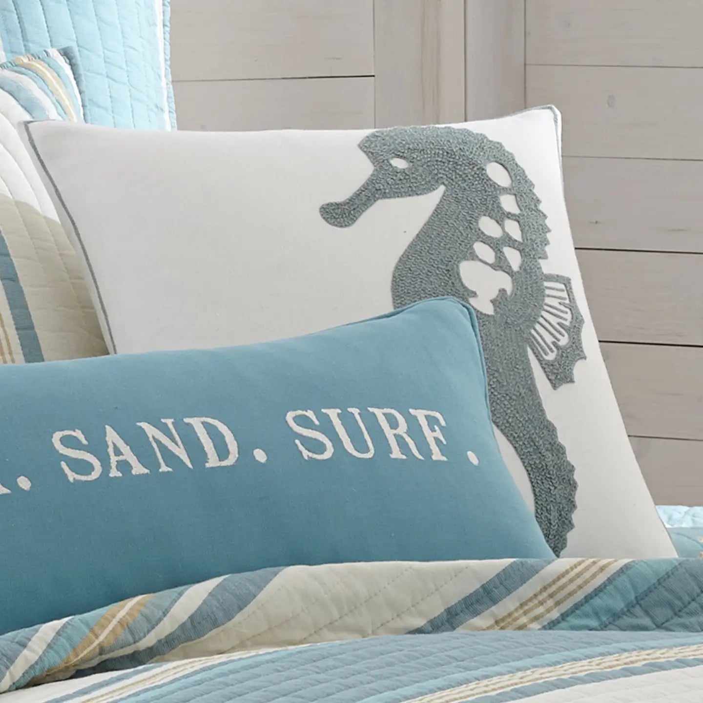 Blue Maui Seahorse Towel Stitch Pillow - Coastal Seahorse Pillow - Quahog Bay Bedding