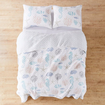 Blue Sea Cotton Coastal Quilt Set - Seahorse, Shells and Coral - Quahog Bay Bedding