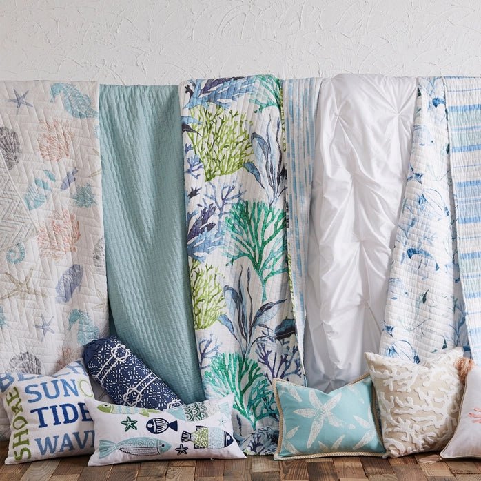 Blue Sea Cotton Coastal Quilt Set - Seahorse, Shells and Coral - Quahog Bay Bedding