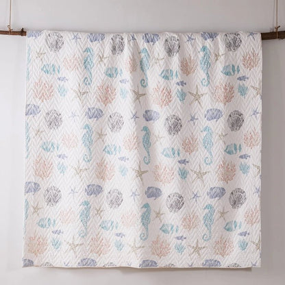 Blue Sea Cotton Coastal Quilt Set - Seahorse, Shells and Coral - Quahog Bay Bedding