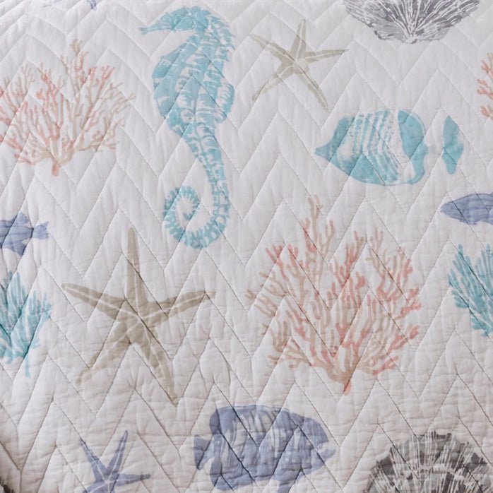 Blue Sea Cotton Coastal Quilt Set - Seahorse, Shells and Coral - Quahog Bay Bedding