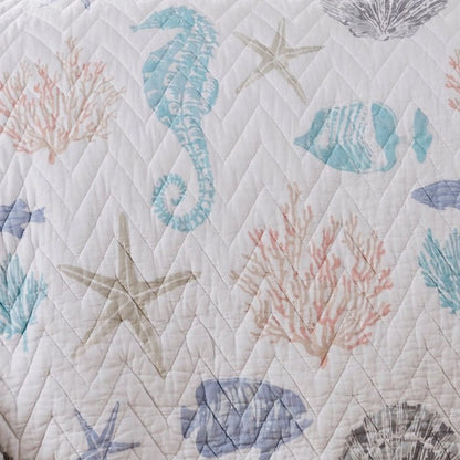 Blue Sea Cotton Coastal Quilt Set - Seahorse, Shells and Coral - Quahog Bay Bedding