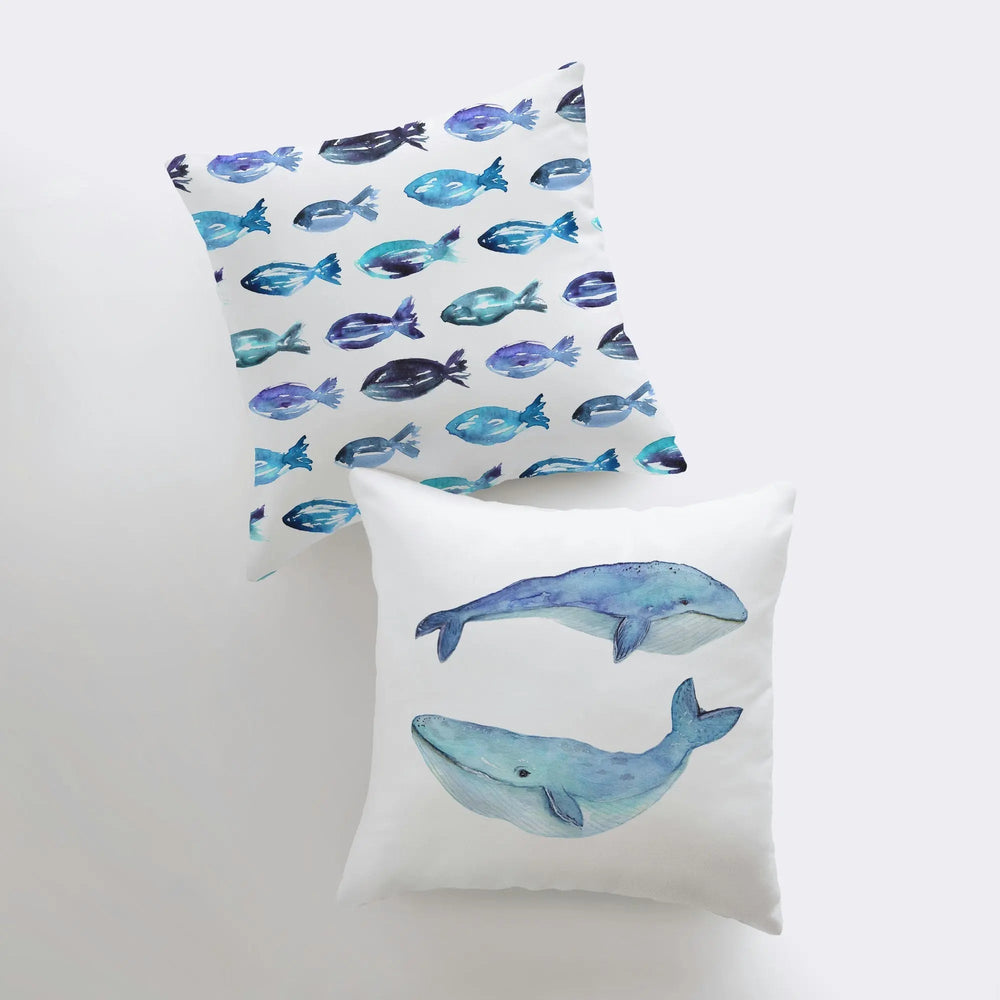 Blue Watercolor Whales - Coastal Accent Pillows - Quahog Bay Bedding