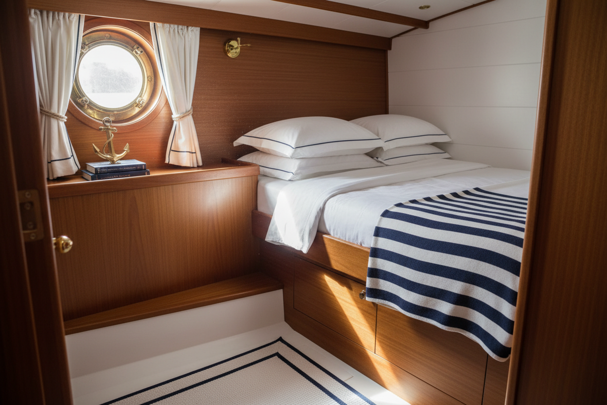 Boat cabin berth with luxury sheets