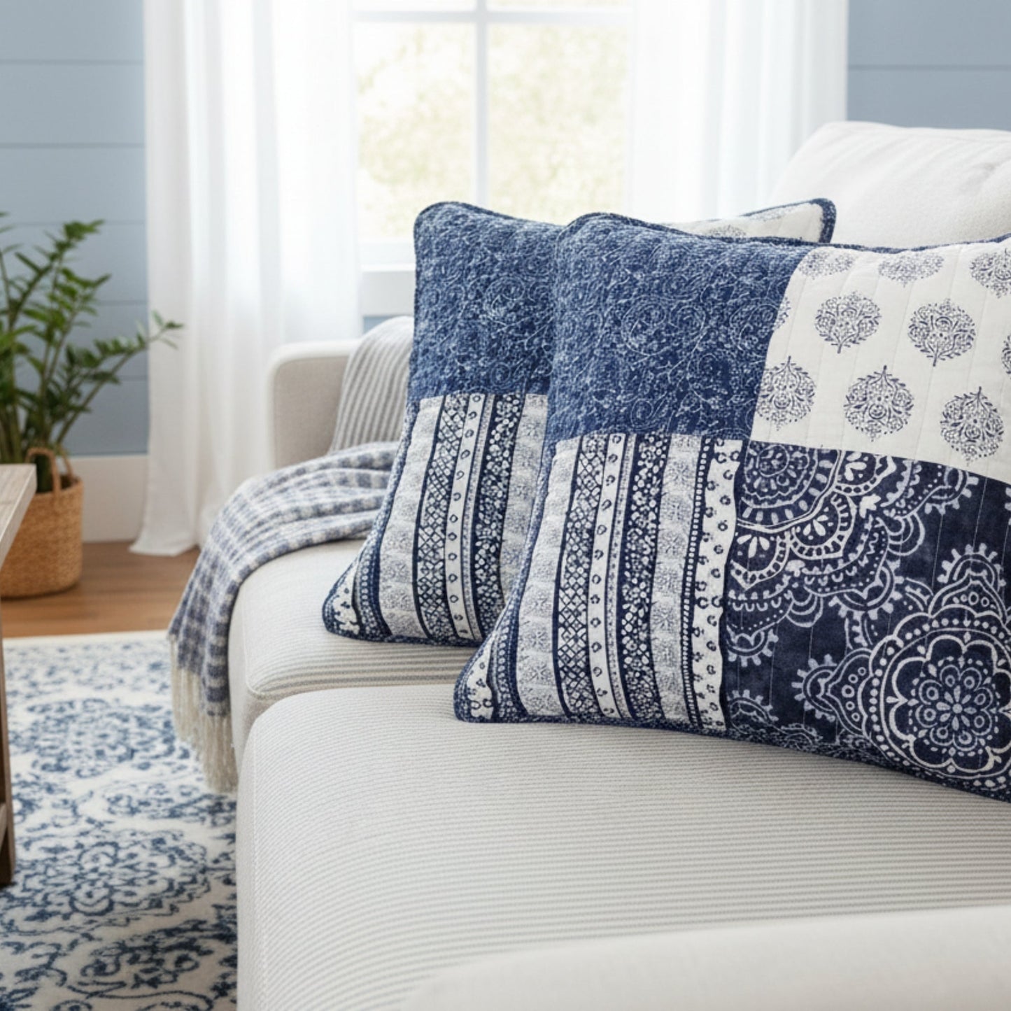 Bohemian Denim Blue Elegance Throw Pillow Covers - 18” x 18" - Quahog Bay Bedding