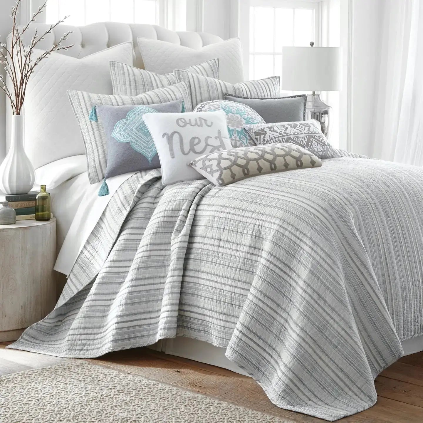 Bondi Stripe Grey Quilt Set Coastal Bedding Set Grey Hues - Quahog Bay Bedding
