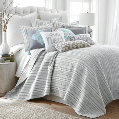 Bondi Stripe Grey Quilt Set Coastal Bedding Set Grey Hues - Quahog Bay Bedding