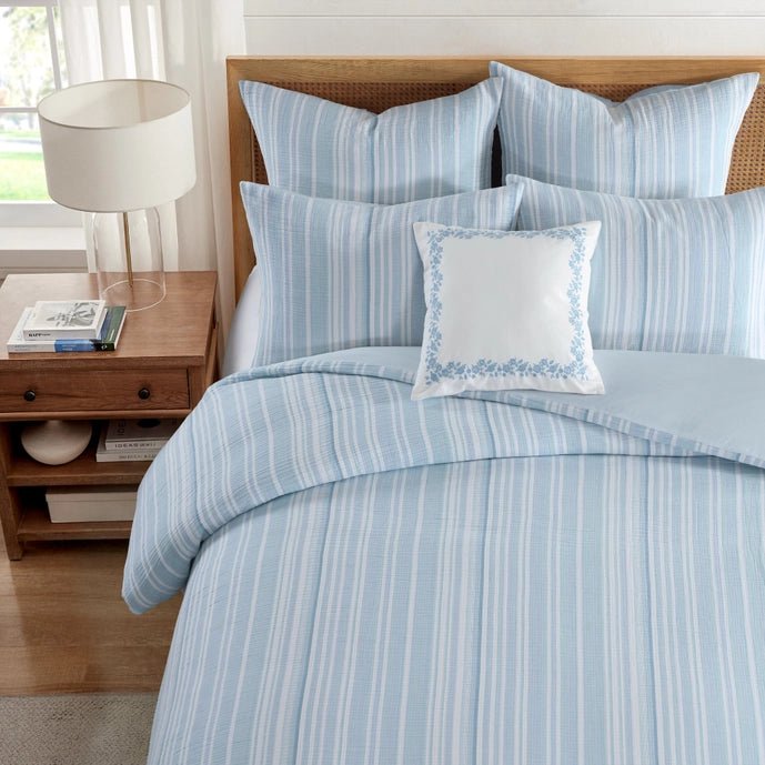 Boracay Stripe Muslin Comforter Set - Coastal Blue Striped Bedding - Quahog Bay Bedding