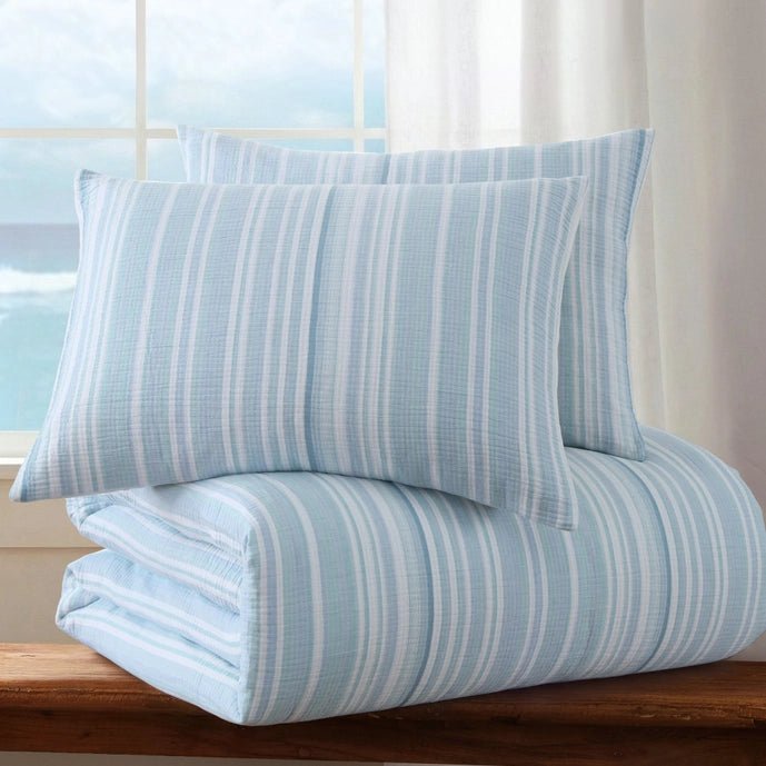 Boracay Stripe Muslin Duvet Cover Set - Coastal Blue Striped Bedding - Quahog Bay Bedding