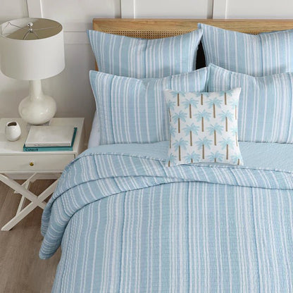 Boracay Stripe Muslin Quilt Set - Coastal Blue Striped Bedding - Quahog Bay Bedding