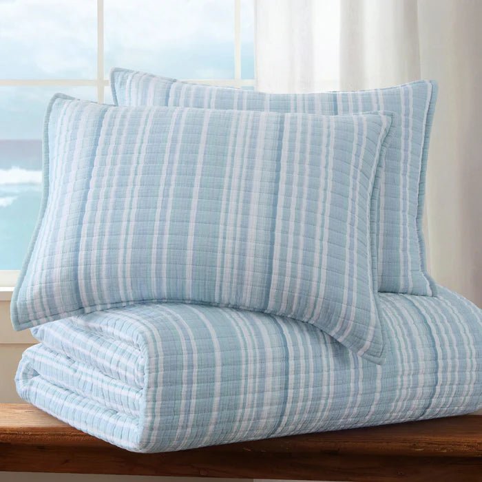 Boracay Stripe Muslin Quilt Set - Coastal Blue Striped Bedding - Quahog Bay Bedding