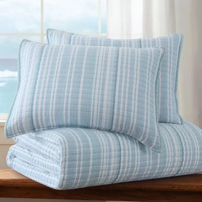 Boracay Stripe Muslin Quilt Set - Coastal Blue Striped Bedding - Quahog Bay Bedding