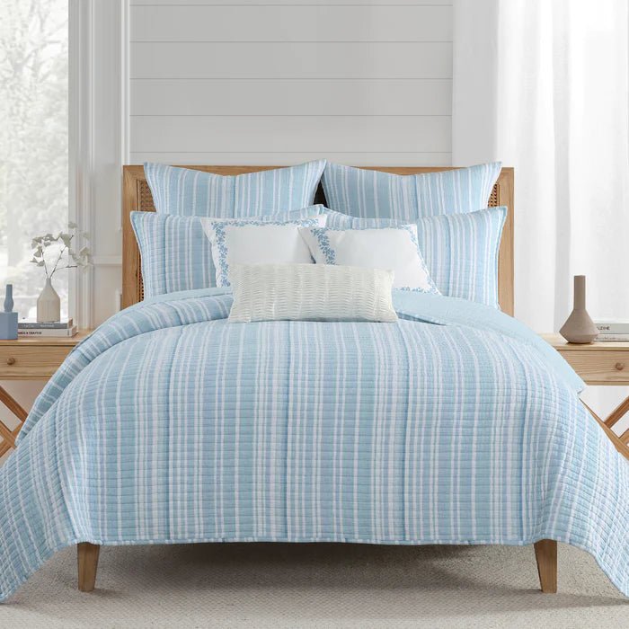 Boracay Stripe Muslin Quilt Set - Coastal Blue Striped Bedding - Quahog Bay Bedding