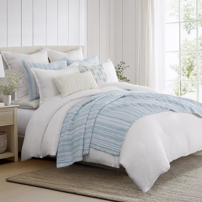 Boracay Stripe Muslin Quilt Set - Coastal Blue Striped Bedding - Quahog Bay Bedding