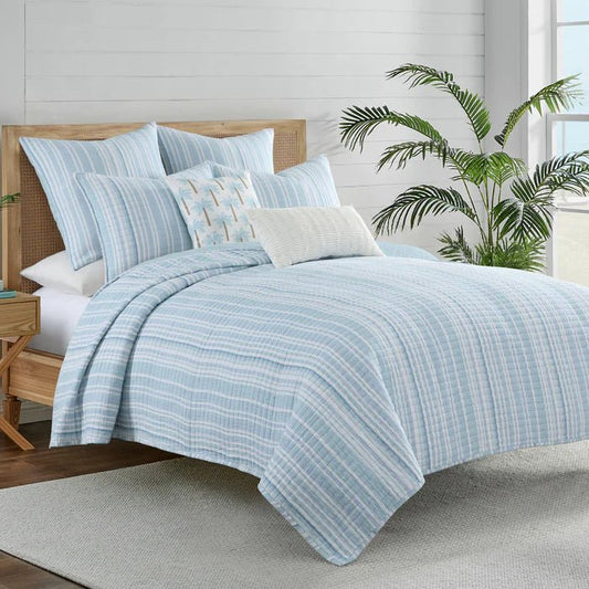 Boracay Stripe Muslin Quilt Set - Coastal Blue Striped Bedding - Quahog Bay Bedding