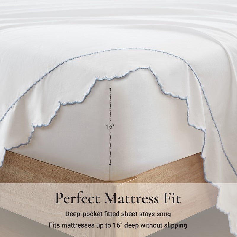 Brielle 300TC Scalloped Edge Cotton Coastal Sheet Set - Blue - Quahog Bay Bedding