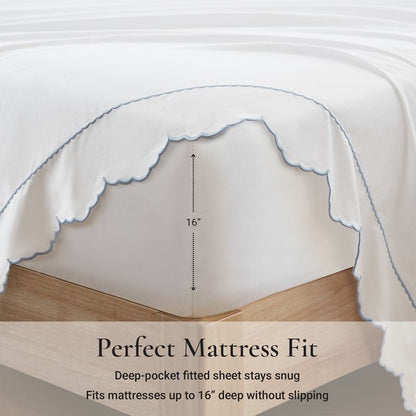 Brielle 300TC Scalloped Edge Cotton Coastal Sheet Set - Blue - Quahog Bay Bedding