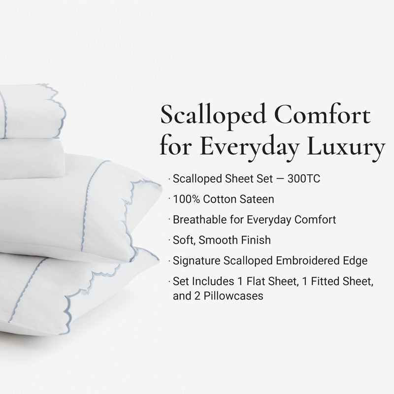 Brielle 300TC Scalloped Edge Cotton Coastal Sheet Set - Blue - Quahog Bay Bedding