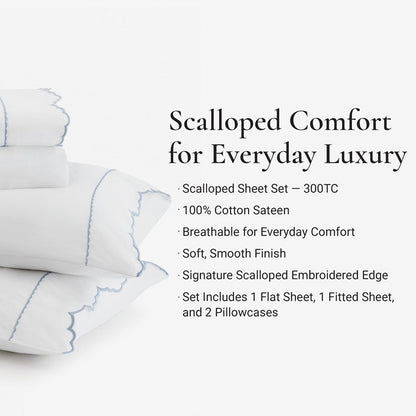 Brielle 300TC Scalloped Edge Cotton Coastal Sheet Set - Blue - Quahog Bay Bedding