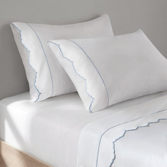 Brielle 300TC Scalloped Edge Cotton Coastal Sheet Set - Blue - Quahog Bay Bedding